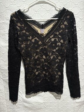 Vintage Hanky Panky Black Lace Top Nude Lined Long Sleeve USA Size Small Y2K
